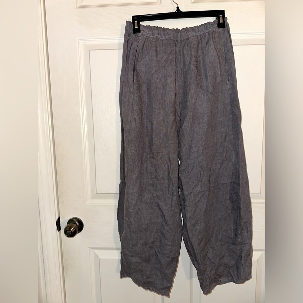 Lisa Bayne women’s grey linen wide leg lantern pant S lagenlook vacation summer